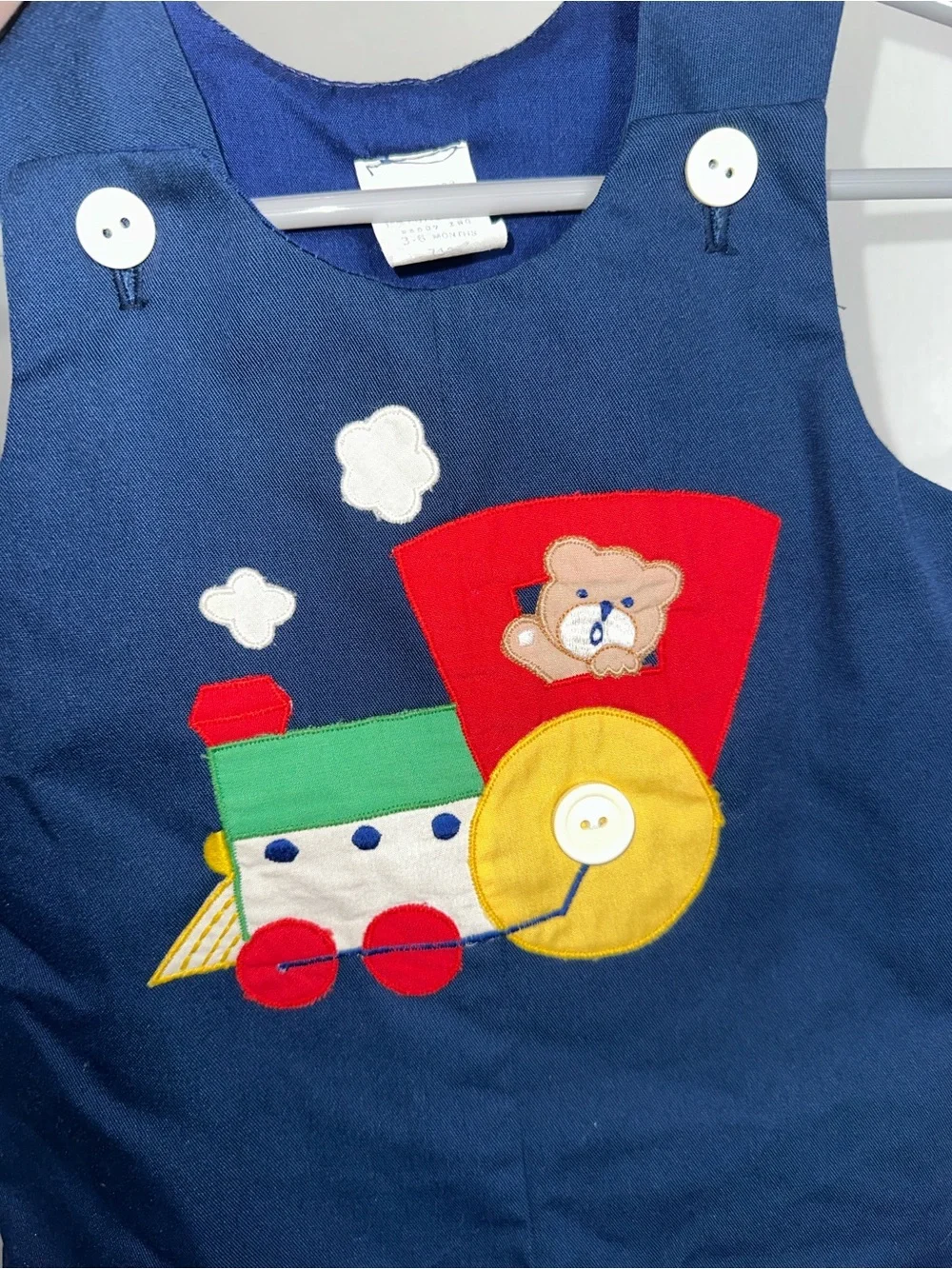 Vintage 90s Baby Togs Train Teddy Bear Romper Overalls Navy Blue Boy 3-6 Months